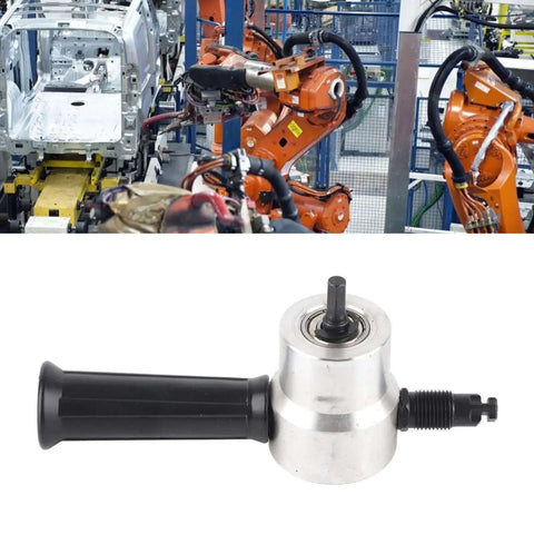 Pro Grade Double Head Metal Nibbler Cutter for sheet metal and aluminum, shown with detachable handle and drill compatibility, ideal for auto body projects.