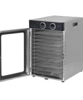 No Sweat Heavy Duty 12 Tray Electric Food Dehydrator With 1200 Watt Motor and Slick Temperature Knobs, showing open door and trays.