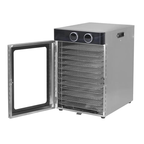 Real Deal Electric Food Dehydrator Featuring Twelve Sturdy Trays And A Kickass 1200 Watt System with open door showing trays.