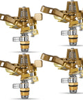 Four Piece 1/2 Inch Heavy Duty Brass Impact Sprinkler Set With Fully Adjustable 360 Degree Rotation viewed from multiple angles.