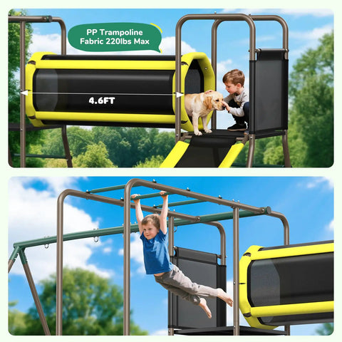 Two kids playing on All In One Backyard Swing Set With Slide Crawl Tunnel And Monkey Bars For Kids Aged 3 To 12 Outdoor Metal Playground Set