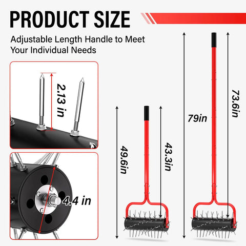 Heavy Duty Rolling Lawn Aerator With Upgraded 54 Pre Attached Spikes Pro Grade Manual Push Lawn Tool dimensions illustration