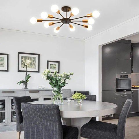 Dope Sputnik Ceiling Light Semi Flush Mount 10 Light E26 Base Modern Black And Gold Chandelier in dining room setting