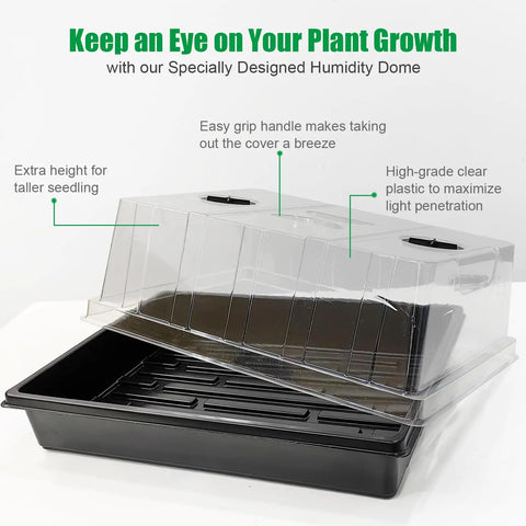 4 Pack Seed Starter Trays With 5 Inch Tall Humidity Domes for strong seedlings shown with clear vented lids and black trays