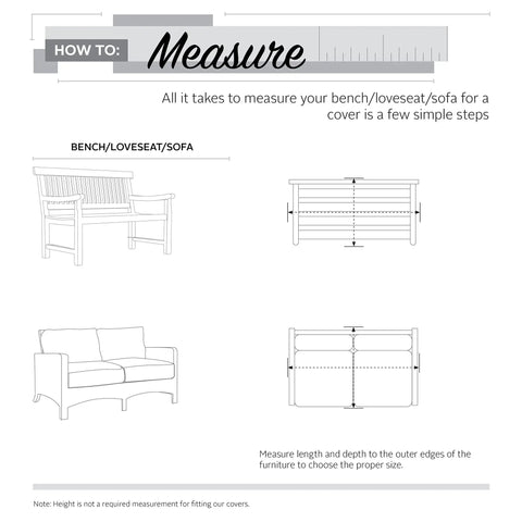 Diagram showing how to measure for a Veranda Water Resistant Patio Sofa Loveseat Bench Cover Heavy Duty Outdoor Furniture Protector 58 By 32.5 By 31 Inches Fits Cushions All Season Weatherproof Coverage.
