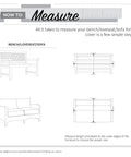 Diagrams showing how to measure a bench or loveseat for a cover, with labeled width and depth dimensions.