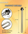 Heavy Duty 4500 Watt 240 Volt Screw In Water Heater Heating Element details including dimensions and voltage specifications.