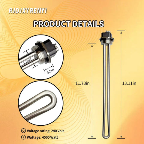 Heavy Duty 4500 Watt 240 Volt Screw In Water Heater Heating Element details including dimensions and voltage specifications.