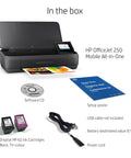 Rock Solid Portable Printer With Wireless And Mobile Printing Support Certified Refurbished Gear showing contents in the box including printer, ink cartridges, and setup materials.
