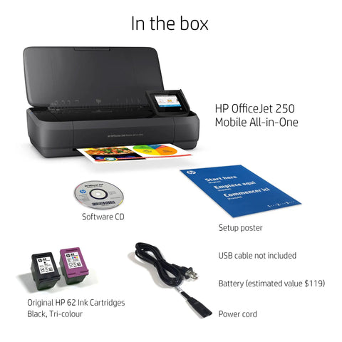 Rock Solid Portable Printer With Wireless And Mobile Printing Support Certified Refurbished Gear showing contents in the box including printer, ink cartridges, and setup materials.