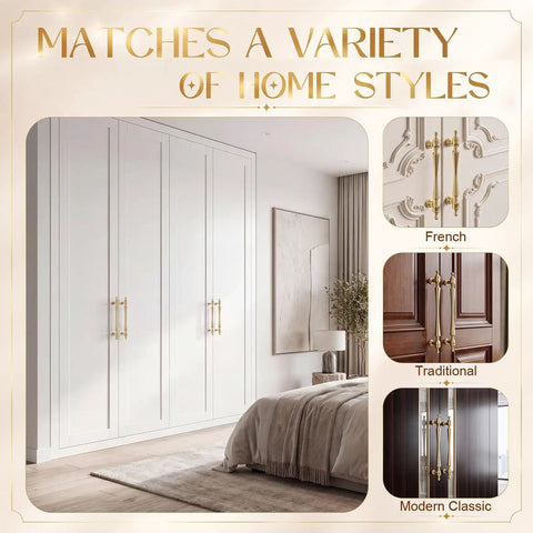 Slick Gold Antique Cabinet Pulls And Knobs 20 Piece Set Featuring European Style Drawer Handles And Round Cupboard Knobs For Kitchen Updates Hassle Free Mounting Top Notch Finish in modern bedroom setting.
