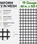 Premium Quality 1/2 Inch Black Hardware Cloth 48 Inches Wide By 100 Feet Long Roll showing 19 gauge mesh with even openings.