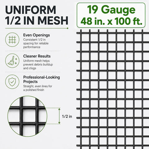 Premium Quality 1/2 Inch Black Hardware Cloth 48 Inches Wide By 100 Feet Long Roll showing 19 gauge mesh with even openings.