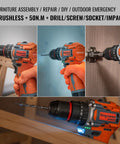 Powerhouse Brushless Cordless Drill Set With Four In One Action And Fifty Newton Meters Torque Includes Two Quick Charge Batteries Solid Metal Chuck Plus Complete Gear For Weekend Hustlers And Professionals in use with drill and impact.