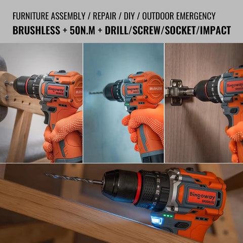 Powerhouse Brushless Cordless Drill Set With Four In One Action And Fifty Newton Meters Torque Includes Two Quick Charge Batteries Solid Metal Chuck Plus Complete Gear For Weekend Hustlers And Professionals in use with drill and impact.