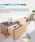 Living room with open drawer showing undermount soft close drawer slides full extension ball bearing runners for 9 12 15 18 21 and 24 inch drawers.