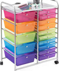15 Drawer Rolling Storage Cart With Lockable Wheels A Handy Multipurpose Rainbow Organizer For Home Office And School With Top Shelf For Easy Sorting And Grab And Go Access, featuring a multi-colored plastic drawers with a chrome steel frame.