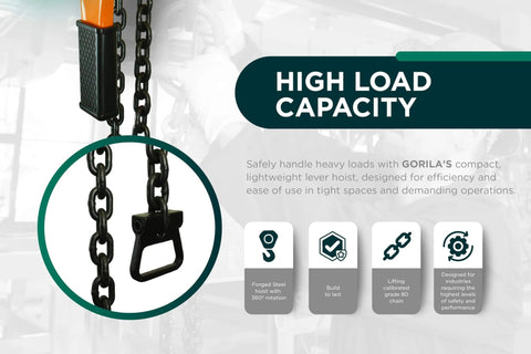 Lever Hoist 360 Degree Manual Ratchet Chain Puller With 1650 Lbs Capacity, Ten Ft Lift, Three Quarter Ton, Four To One Safety Factor