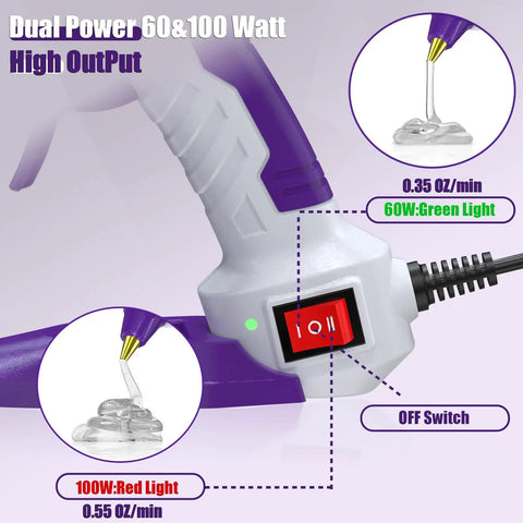 Full Size Dual Temp Hot Glue Gun With 60 And 100 Watt Power On Off Switch showing green and red light indicators