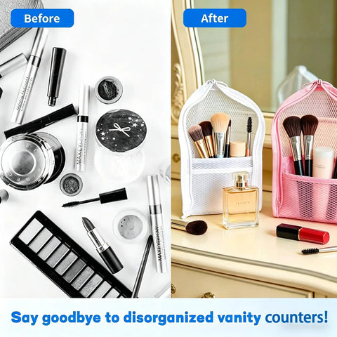 Before and after of Two Pack Upright Standing Travel Toiletry Organizer Bags Waterproof Clear Translucent Makeup Case Foldable