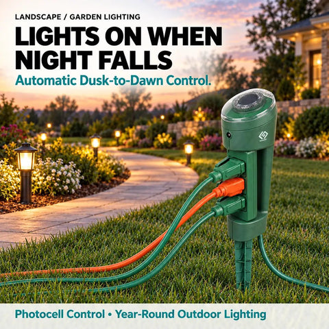 Top Tier Outdoor Power Stake With Three Grounded Outlets And 180 Degree Rotating Head crafted for lawn glow, three powered outlets and dusk-to-dawn control.