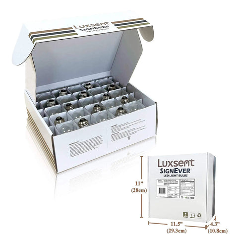 Open box of Scoreboard Style G50 LED Decorative Bulb For Christmas Lights Warm White 2400K Outdoor IP65 25 Pack