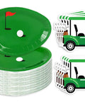 Dope 90 Piece Golf Party Paper Plates And Disposable Napkin Set Featuring Fresh Green Golf Course Layouts With Cool Sports Ball Print Tableware Keeping Your Event Fully Squared Away, stacked paper plates with golf theme and golf cart design.