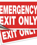 Emergency Exit Only Signs Stickers 2 Pack 10x7 Inch Premium Self Adhesive Vinyl Decals Laminated For Heavy Duty UV Weather Scratch Water Fade Resistance Indoor Or Outdoor Use. Red and white decal showing text with one corner slightly peeled.