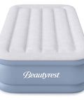 Twin Size Air Mattress With Vertical Beam Construction And Edge Support, shown in blue and white with external pump feature