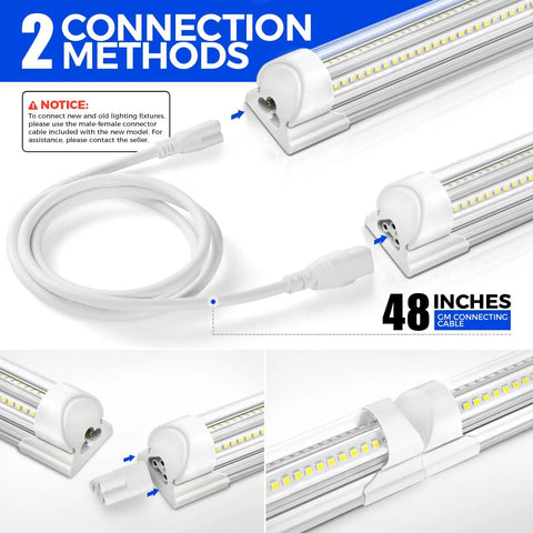 High Output 100W 15000LM 6500K T8 LED Shop Light Strip, 8Ft, V shape clear cover, two connection methods, plug included