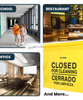 Built Different Two Pack Bilingual Restroom Closed Sign Heavy Duty Polyester Door Barricade Hanger English Spanish Warning Tag in various environments.