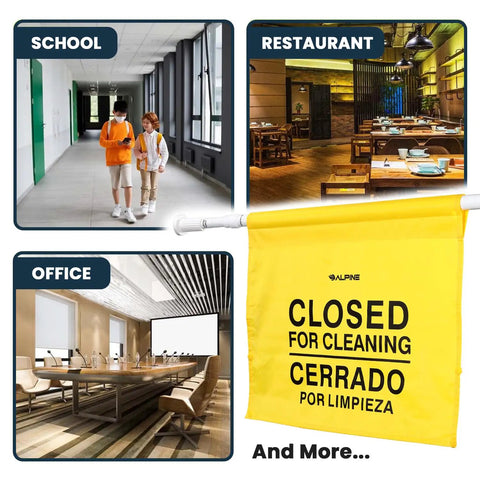 Built Different Two Pack Bilingual Restroom Closed Sign Heavy Duty Polyester Door Barricade Hanger English Spanish Warning Tag in various environments.