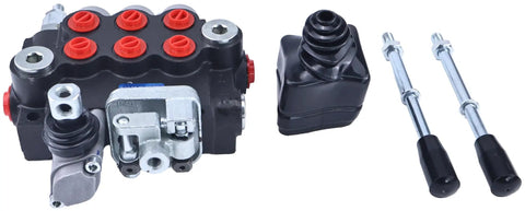 Three Spool Hydraulic Directional Control Valve With Joystick For Heavy Duty Industrial Equipment, 0 To 40 Liters Per Minute Flow, Five Position Joystick Return To Neutral, Double Acting Spool Valve with visible components and joystick control.