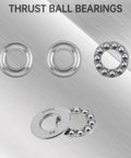 Thrust ball bearings on stainless steel background, focusing on spherical design and assembly parts