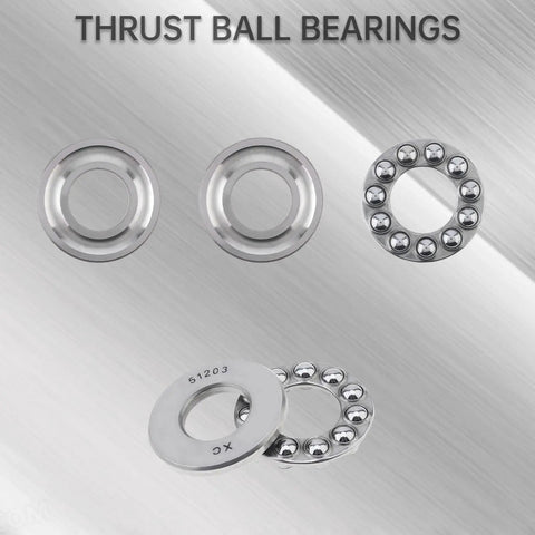 Thrust ball bearings on stainless steel background, focusing on spherical design and assembly parts