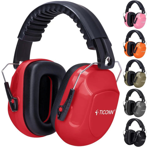 Adult Noise Canceling Earmuffs With 26dB NRR For Hearing Protection in red, adjustable headband, multiple color options shown