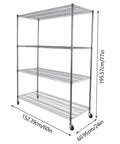 Heavy Duty 4 Tier Wire Shelving Rack Smooth Operator Design Adjusts in Seconds Rolls Like a Dream on Locking Casters dimensions displayed.