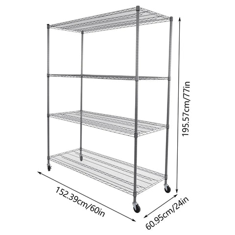 Heavy Duty 4 Tier Wire Shelving Rack Smooth Operator Design Adjusts in Seconds Rolls Like a Dream on Locking Casters dimensions displayed.
