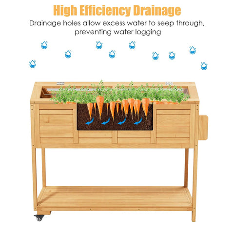 Front view of ergonomic elevated garden bed on wheels with cover and storage shelf, showcasing drainage system and plants.