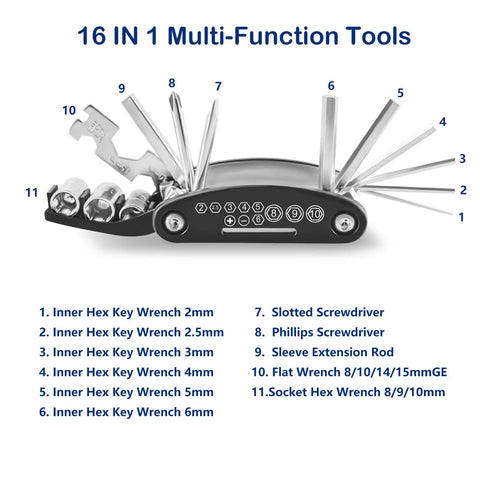 16-in-1 multitool from All In One Bike Repair Kit With 16 Tools Mini Pump Tire Levers Patches And Water Resistant Triangle Frame Bag