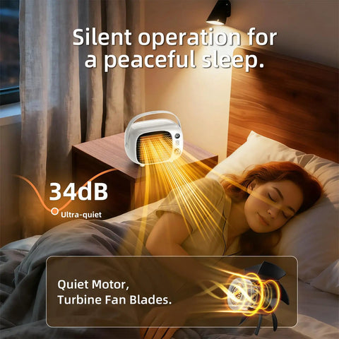 Two Speed Portable Space Heater With Adjustable Settings, 800W Desk Heater For Indoor Use, shown on nightstand