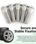 Five Heavy Duty Rock Solid Wheel Studs M12 By 1.5 Thread 49 Millimeter Long Steel Lug Bolts Rustproof OEM replacement auto parts.