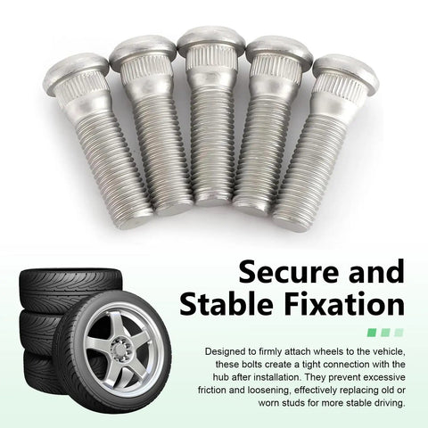 Five Heavy Duty Rock Solid Wheel Studs M12 By 1.5 Thread 49 Millimeter Long Steel Lug Bolts Rustproof OEM replacement auto parts.