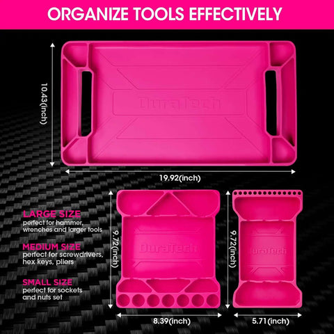 Flexible Silicone Tool Tray 3 Pack For Mechanics And Your Home Shop, Heat And Chemical Resistant Tool Organizer In Pink, Large 19.92 X 10.43 Inches, Medium 24.7 X 21.3 Inches, Small 9.72 X 5.71 Inches For Wrenches Hammers Screwdrivers Sockets