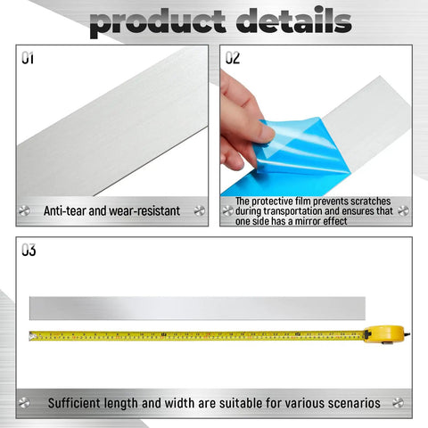 2 Pack Stainless Steel Trim Strips 304 Brushed Finish Metal Finishing Gap Filler with protective film and measuring tape