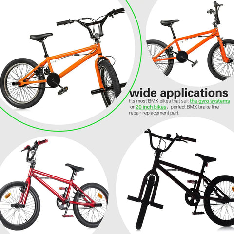 Three BMX bikes showcasing gyro brake cables front and rear kit with spinner rotor for 20 inch bikes, highlighting wide applications.
