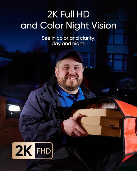 Delivery person holding pizza boxes at night, showcasing Dual Camera Smart Video Doorbell With Crisp 2K Clarity And Color Night Vision.