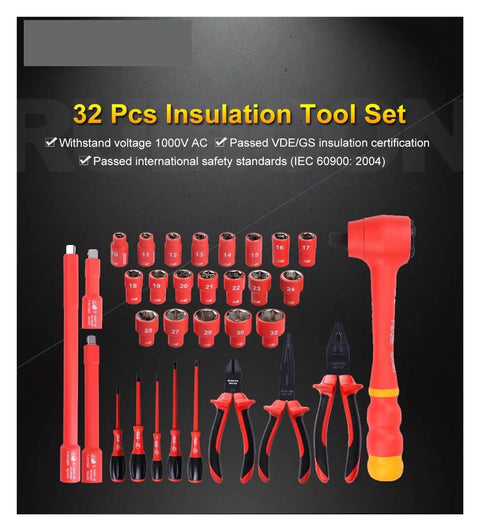 32-Piece 1000V Insulated Socket Kit With One Half Inch Ratchet Wrench And Sleeve Hex Head Maintenance Tools layout