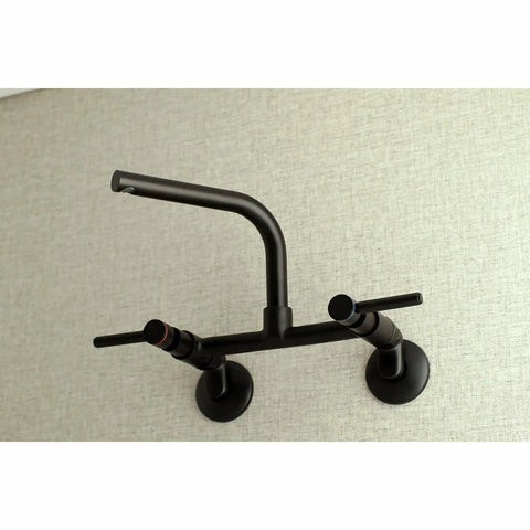 Matte Black 8 Inch Adjustable Wall Mount Kitchen Faucet With Solid Brass Construction Drip Free Ceramic Disc Cartridge Center From 5 5/8 To 10 3/8 Inches 1.8 GPM At 60 PSI Slick Modern Industrial Style installed view.