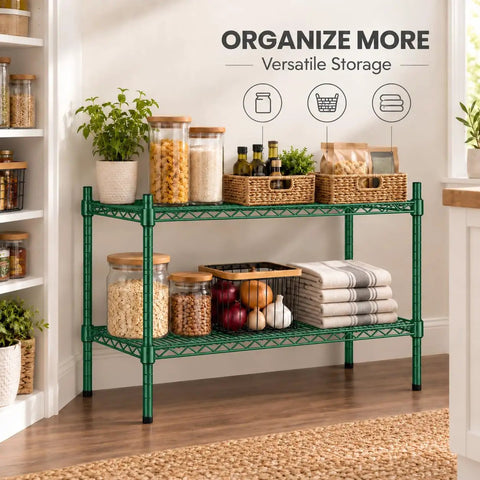 Badass Two Shelf Heavy Duty Wire Shelving Unit, 14x60x27 Green Epoxy NSF Rack For Kitchen Garage, Adjustable And Legit Storage Solution That Handles Heavy Loads Without Breaking Sweat with jars and baskets.